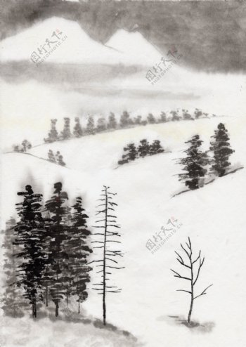 雪地水墨画图片