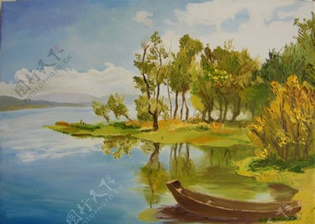 湖泊风景油画图片
