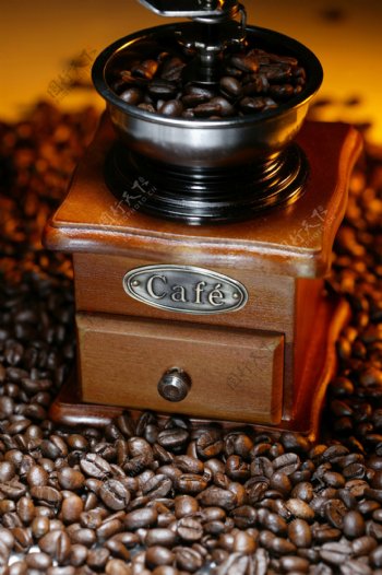 咖啡豆上的咖啡粉碎机图片