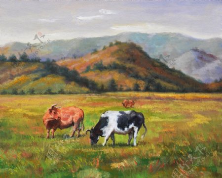 草地上的牛油画图片