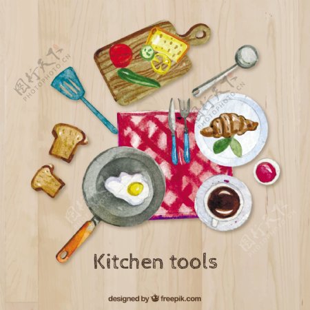 手绘厨房用具和食品
