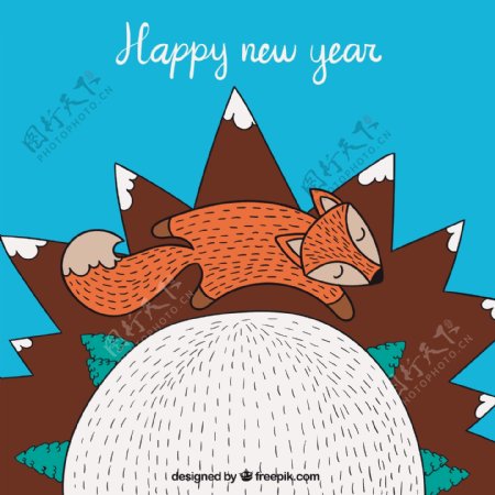 可爱的新的一年卡与一只狐狸