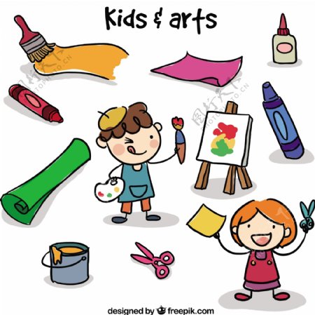 素描艺术家与工艺元素的孩子