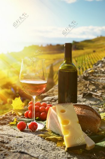 奶酪与葡萄酒摄影图片