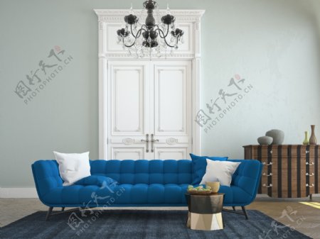 室内的蓝色沙发图片