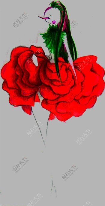 红色玫瑰花裙设计图