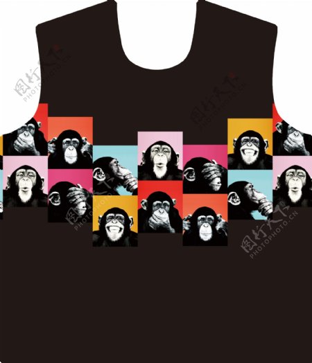 创意时尚黑底彩色猴子服装印花