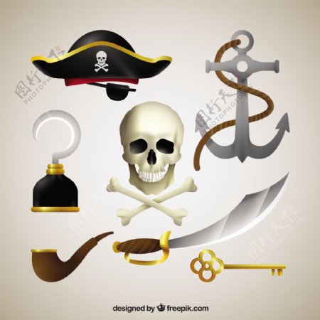 手绘头骨与海盗元素矢量素材