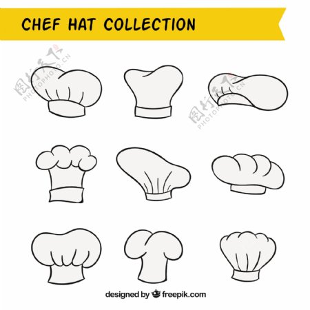 手绘线描风格各种厨师帽图标