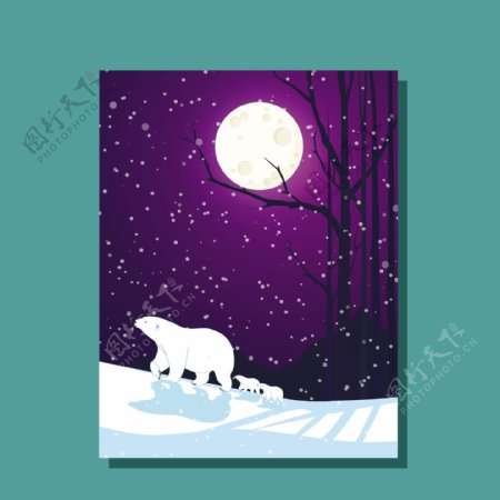 冬季紫色天空白熊背景图