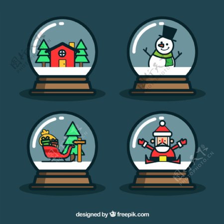 四个雪球与典型的圣诞元素