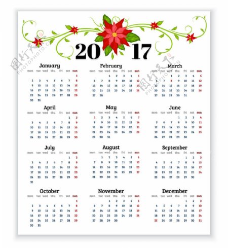 红色植物花朵2017年日历表图片