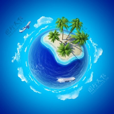 蓝色海洋地球椰子背景图片