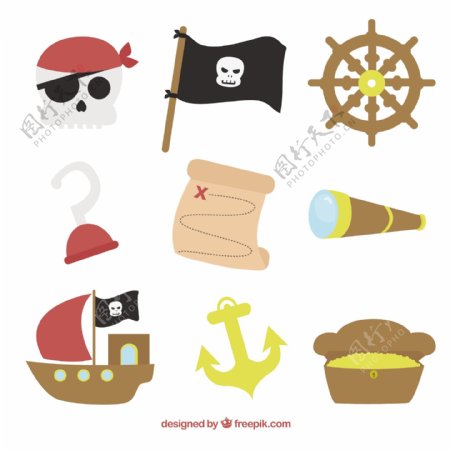 手绘各种海盗元素图标集合