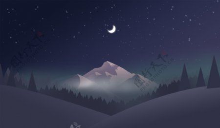 树林月亮繁星山脉紫黑色夜晚插画psd矢量
