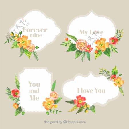 4款彩色花卉装饰爱的标签矢量