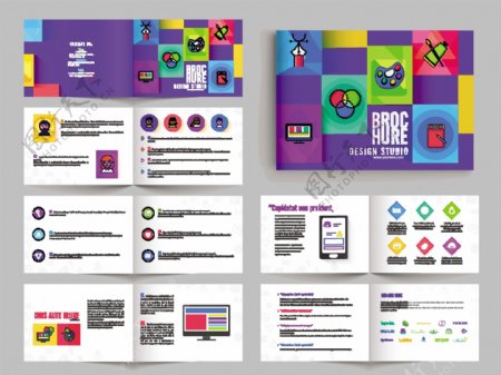 多页的紫色彩色的艺术工作室小册子传单设计
