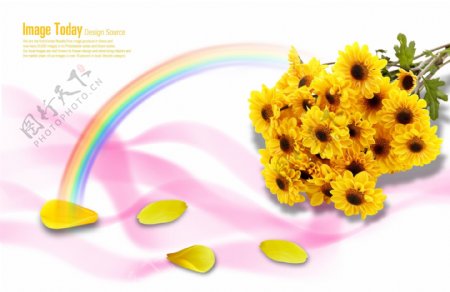 一束鲜花与花瓣彩虹等PSD分层素材