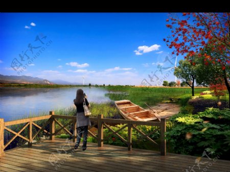 湖边水边河边观景平台效果图图片