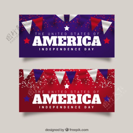 写实的彩旗五彩纸屑美国独立日横幅