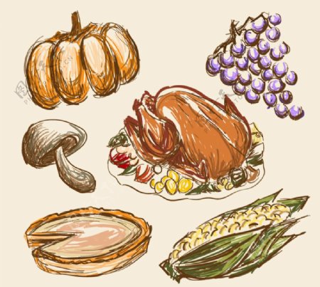 6款彩绘感恩节食物矢量素材