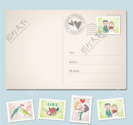 婚礼邀请明信片邮票设计矢量素