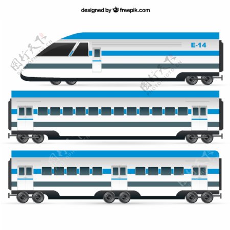 蓝色火车车头和车厢矢量素材图片