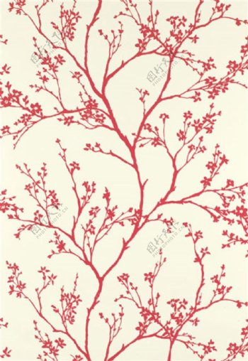 红色树枝花纹布艺壁纸图片