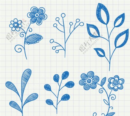 蓝色手绘植物矢量素材