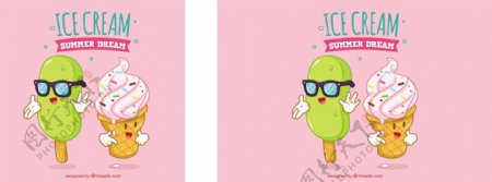 有趣的卡通风格彩色冰淇淋雪糕插图粉红背景