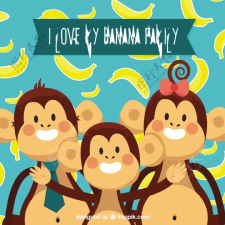幸福猴子家庭香蕉图案蓝色背景
