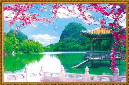 湖水凉亭风景中堂画图片