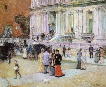 古典欧式建筑前的人群油画图片