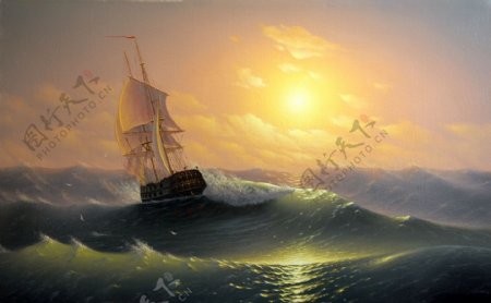 海面巨浪上的帆船油画图片