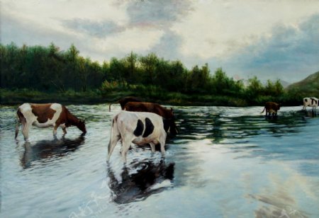 油画过河的牛图片