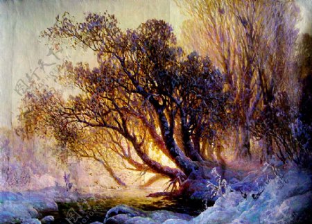 溪流边积雪的树木油画图片