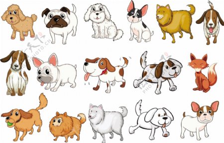 白色背景下不同品种狗的插图