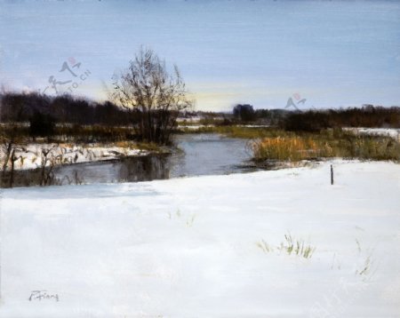 冬日小河雪景油画图片