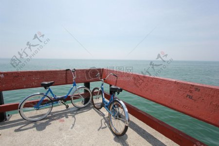 2蓝色海滩巡洋舰自行车近白天绿色海洋