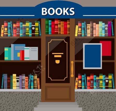 书商店外观设计与书籍插图显示免费矢量