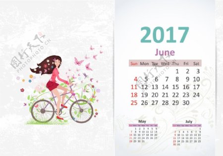 自行车上的女孩台历设计图片