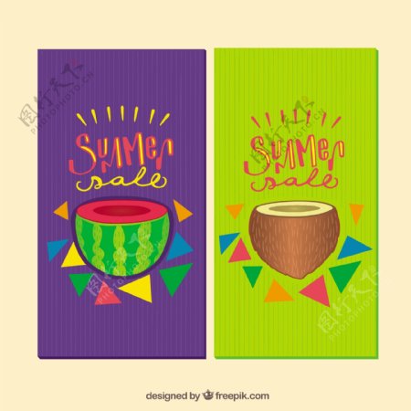 夏季西瓜和椰子卡片设计
