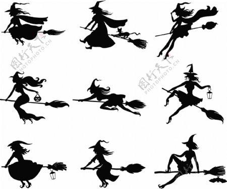 骑扫帚的女巫剪影矢量素材下载