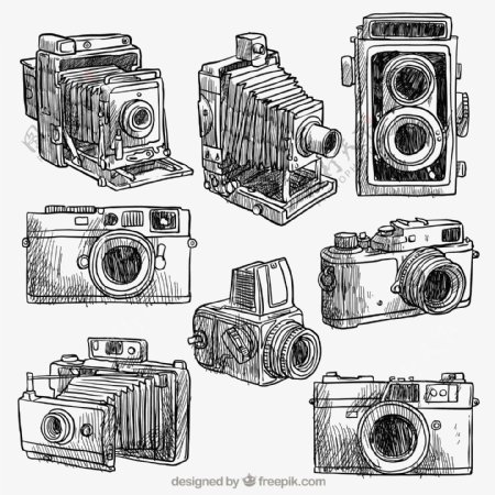 各种手工绘制的老式相机
