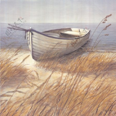 风景油画之湖边木船