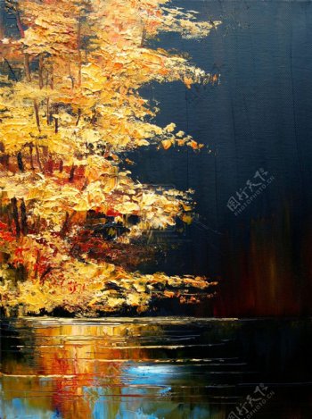 湖面风景油画