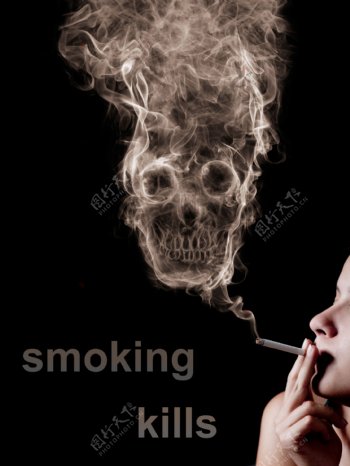 吸烟人物与骷髅头图片
