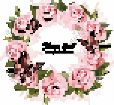 粉色玫瑰花花环和蝴蝶矢量素材