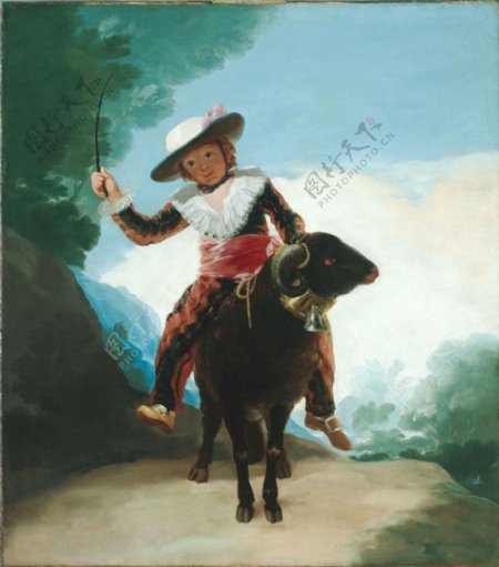 骑牛的女孩油画写生图片