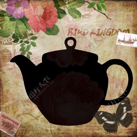 暗色花纹的茶壶油画图片